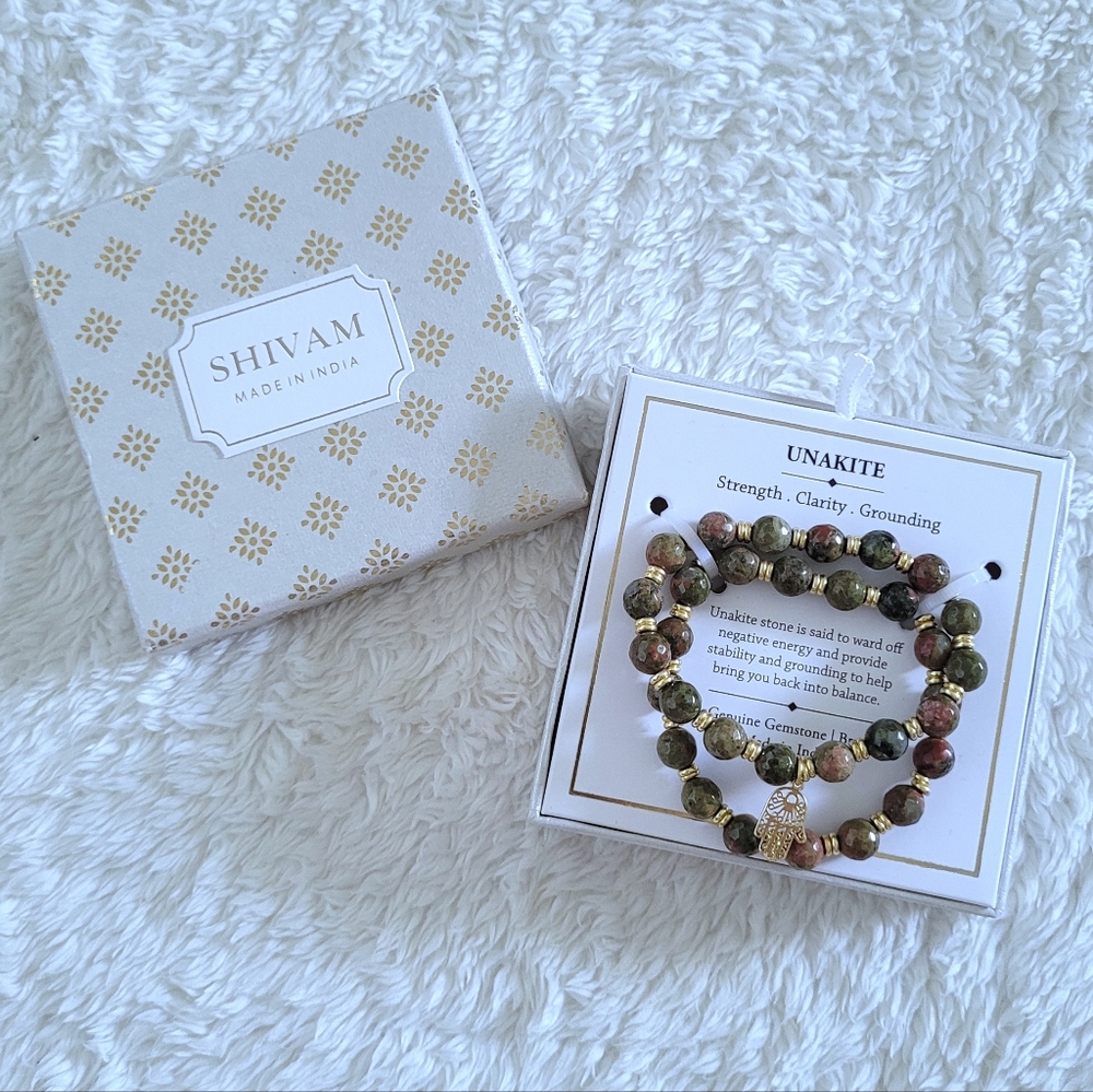 Shivam Unakite Stretch Bracelet Duo✌️ with Hamsa🤚Charm - NIB - Picture 8 of 15